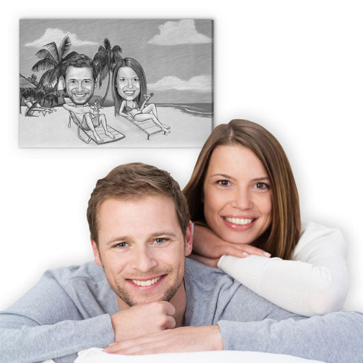 Karikatur vom Foto - Am Strand mit Cocktail Zeichnung  (ca102couple-pen) - Lustige individuelle Karikatur vom eigenen Foto