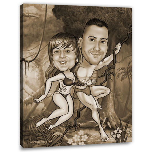 Karikatur vom Foto - Tarzan und Jane Sepia (ca217se) - Lustige individuelle Karikatur vom eigenen Foto