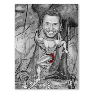 Karikatur vom Foto - Tarzan Zeichnung mit rot (ca217man-pen-red) - Lustige individuelle Karikatur vom eigenen Foto