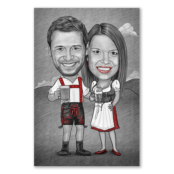 Karikatur vom Foto - Wiesn Paar Zeichnung mit rot (ca254pen-red) - Lustige individuelle Karikatur vom eigenen Foto