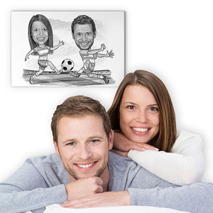 Karikatur vom Foto - Fussball weiss rot (andere Vereins-Shirts mgl.) Paar Zeichnung  (ca309couple-pen) - Lustige individuelle Karikatur vom eigenen Foto