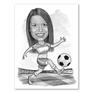 Karikatur vom Foto - Fussball weiss rot (andere Vereins-Shirts mgl.) Frau Zeichnung  (ca309woman-pen) - Lustige individuelle Karikatur vom eigenen Foto