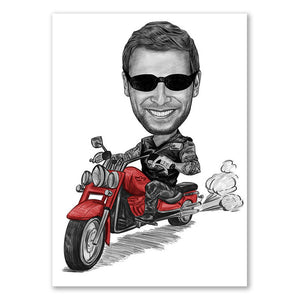 Karikatur vom Foto - Biker mit PS Zeichnung rot (ca417pen-red) - Lustige individuelle Karikatur vom eigenen Foto