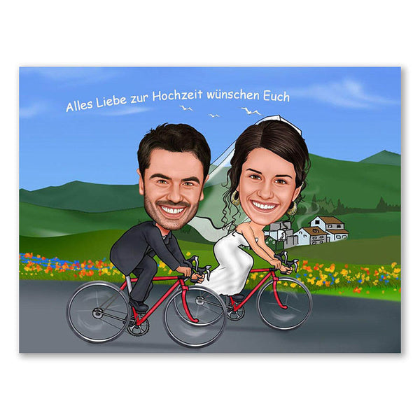 Karikatur vom Foto - Hochzeitspaar beim radeln (ca583) - Lustige individuelle Karikatur vom eigenen Foto