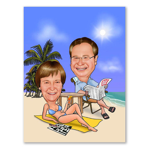 Karikatur vom Foto - Typischer Strand-Urlaub (ca945) - Lustige individuelle Karikatur vom eigenen Foto